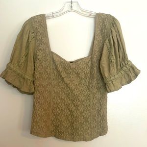 Free People Lace Short Sleeve Crochet Light Green Peasant Top Size M